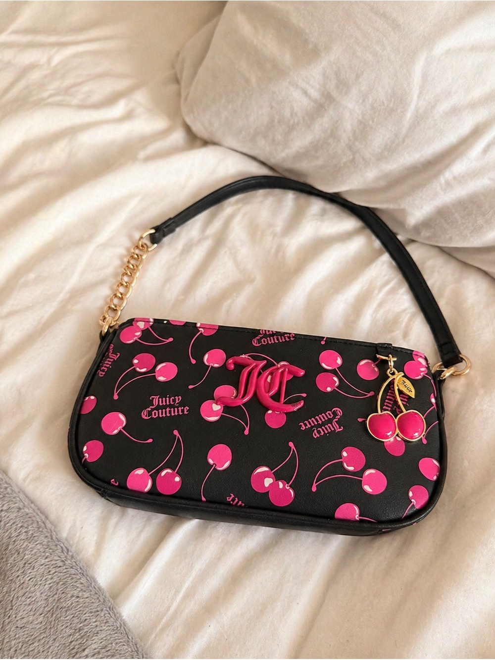 Juicy Couture Black and Hot Pink Cherry Shoulder Bag